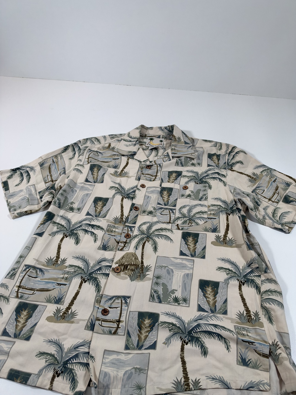 Banana Cabana Shirt Mens M Beige Silk Hawaiian Palm Tree S/S Button up FLAW